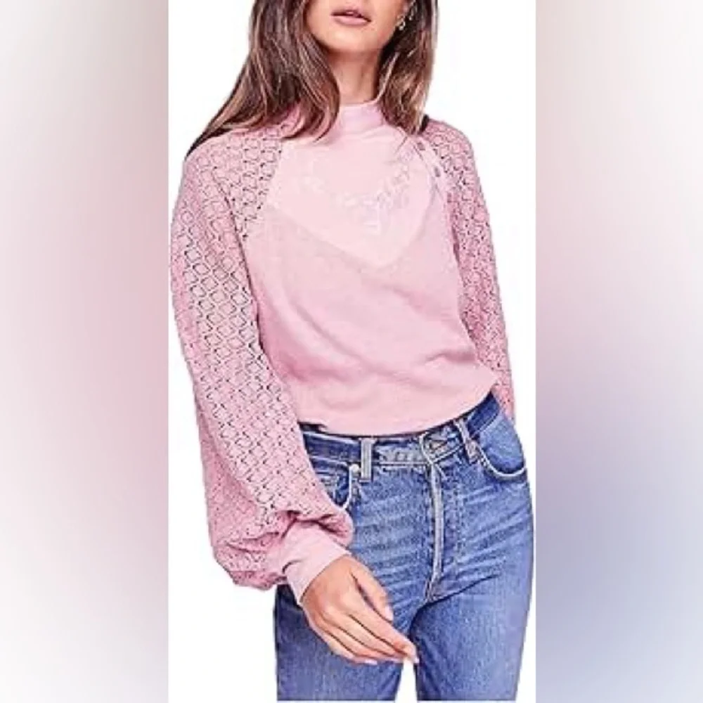 Free people sweetest thing thermal knit high neck long sleeve top size xs pink